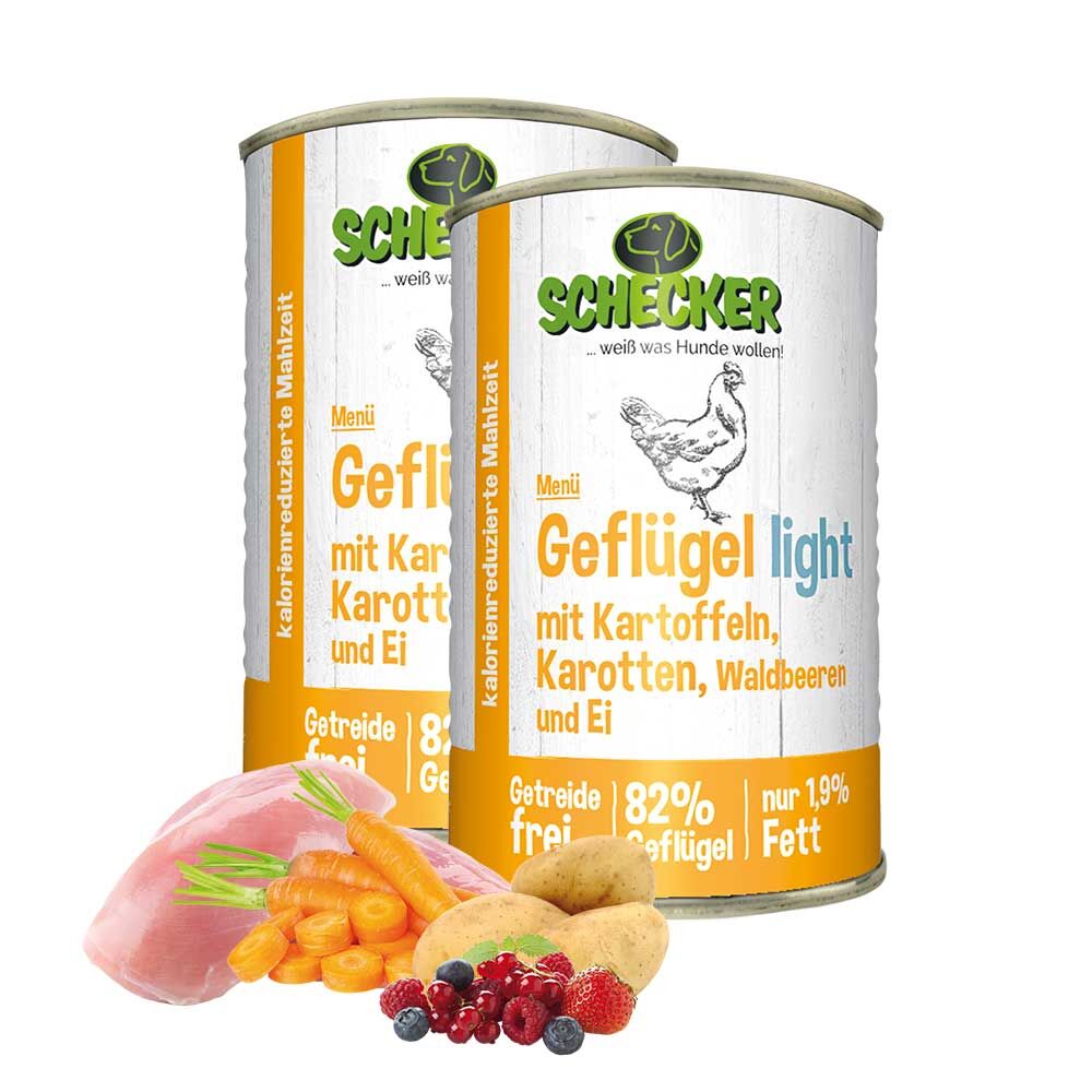 Schecker Hundemenü - Geflügel light mit Kartoffeln, Karotten, Waldbeeren & Ei
